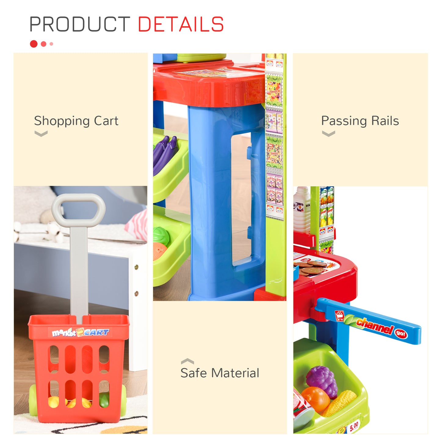 Qaba Kid Supermarket Fun Playset Grocery Store Pretend Play Toy with Shopping Cart Working Scanners Cash Register Accessories Light & Sound Gift for Boys and Girls Age 3-6 Years