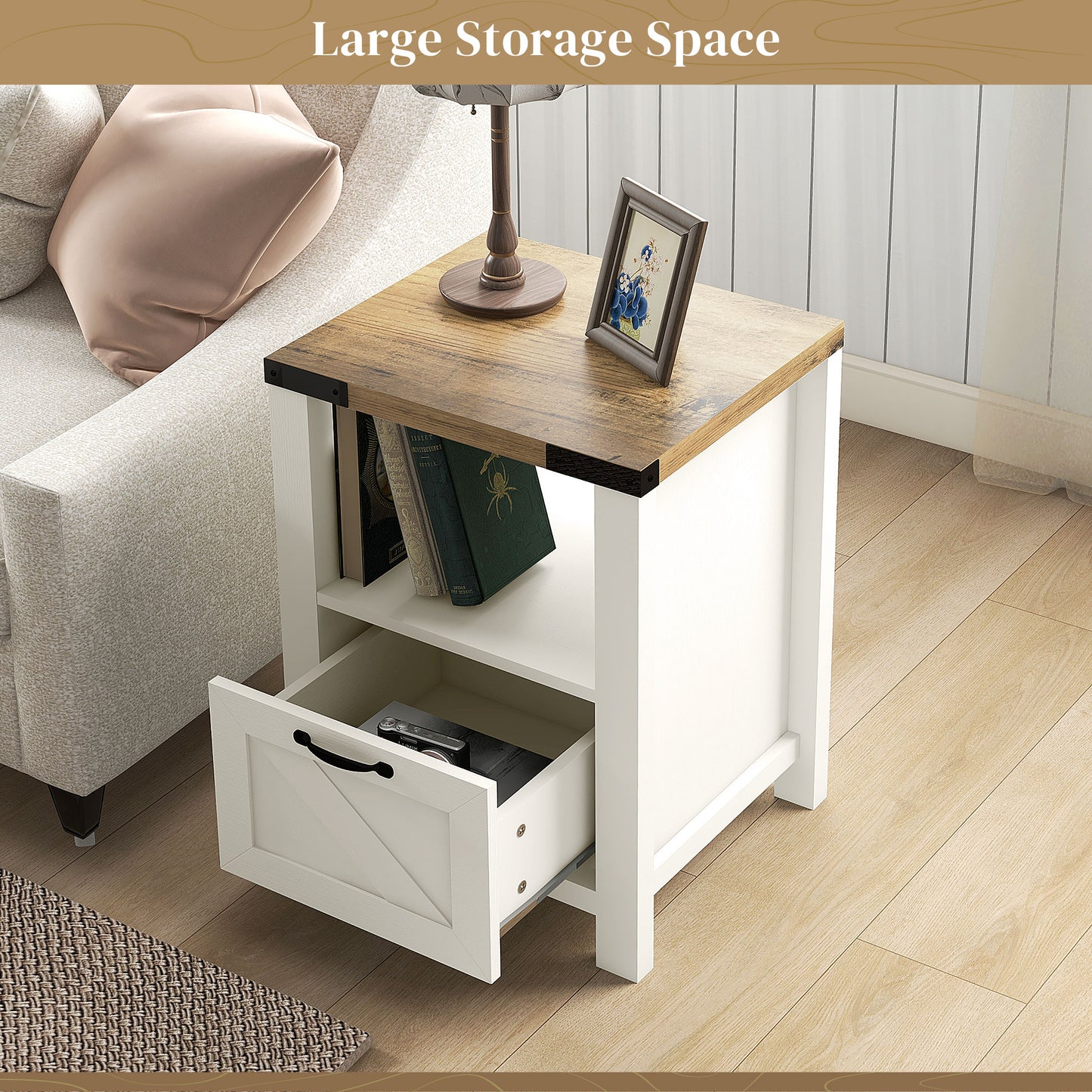 HOMCOM Side Table with Storage, Farmhouse End Table with Drawer, Open Shelf and Barn-style Panel, Nightstand for Living Room, Bedroom, Oak