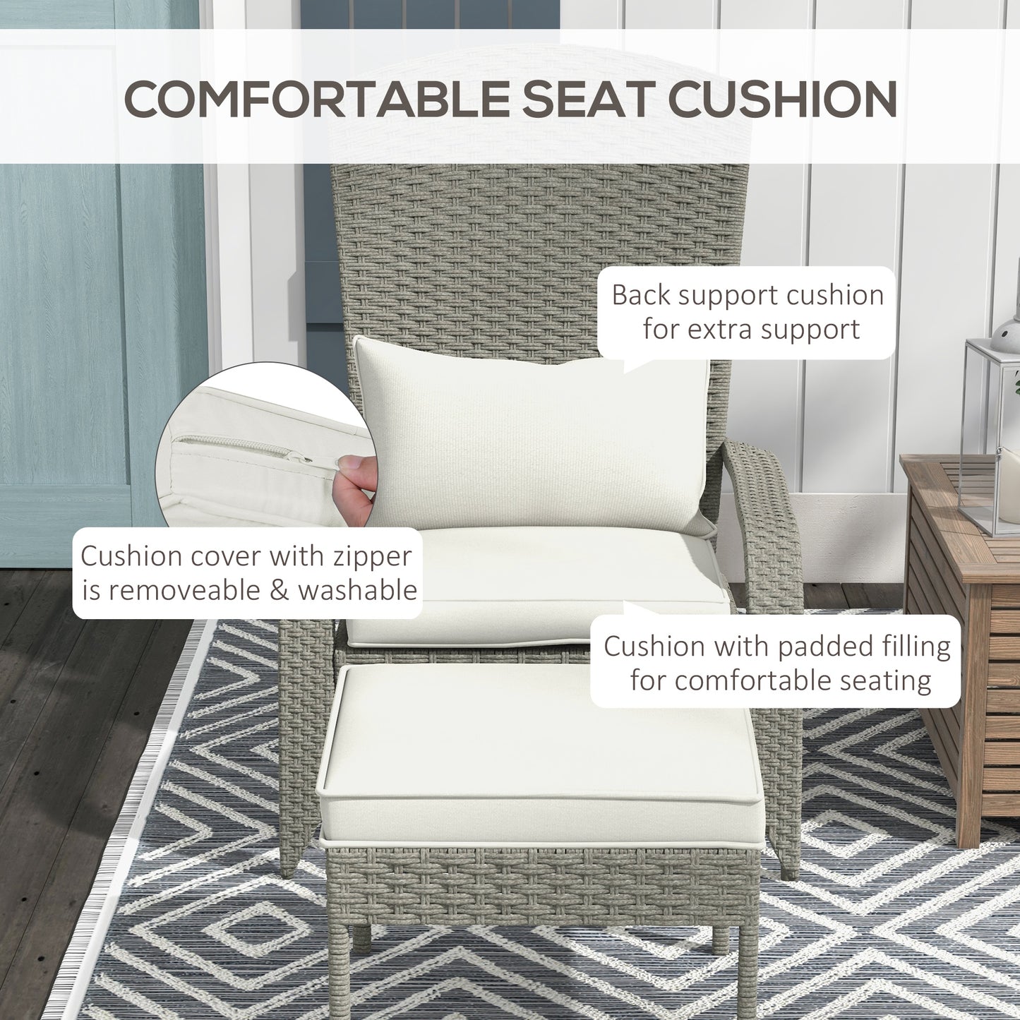 Outsunny Wicker Adirondack Chair with Ottoman, Patio Cushioned Muskoka Chair, Outdoor Fire Pit Chair with High-back and Armrests, for Deck, Garden, Backyard, Grey/Cream White