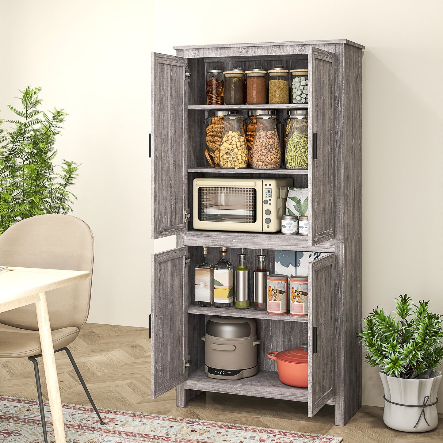 HOMCOM 64" Kitchen Pantry Cabinet, Freestanding Storage Cabinet with 4 Doors, 3 Adjustable Shelves, Antique White