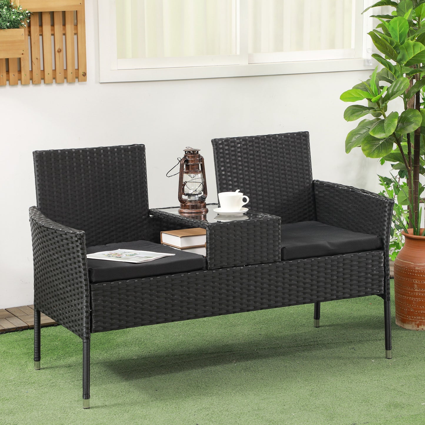 Outsunny Patio Furniture w/ Mid-Table PE Rattan Loveseat w/ Cushion, Cream White