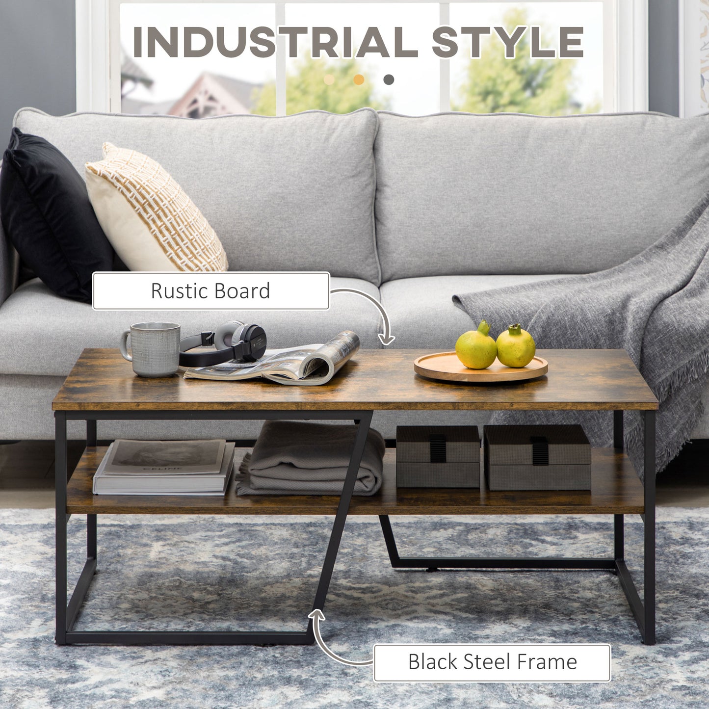 HOMCOM Industrial Coffee Table, 2-tier Center Table with Storage Shelf, Wood Look Accent Furniture with Metal Frame for Living Room, 41.7" x 21.7" x 17.7", Rustic Brown