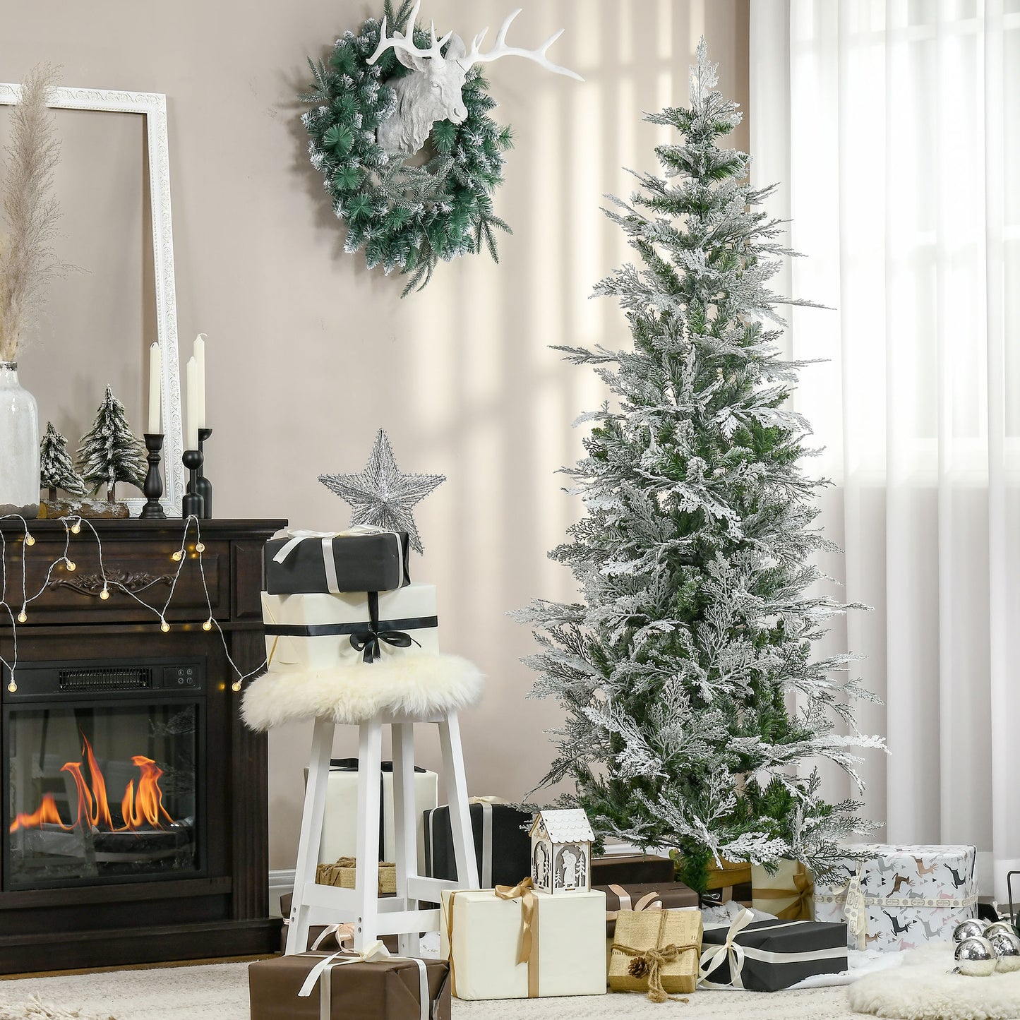 HOMCOM 7.5 Feet Pencil Snow Flocked Artificial Christmas Tree with 880 Realistic Cypress Branches, Auto Open, Green