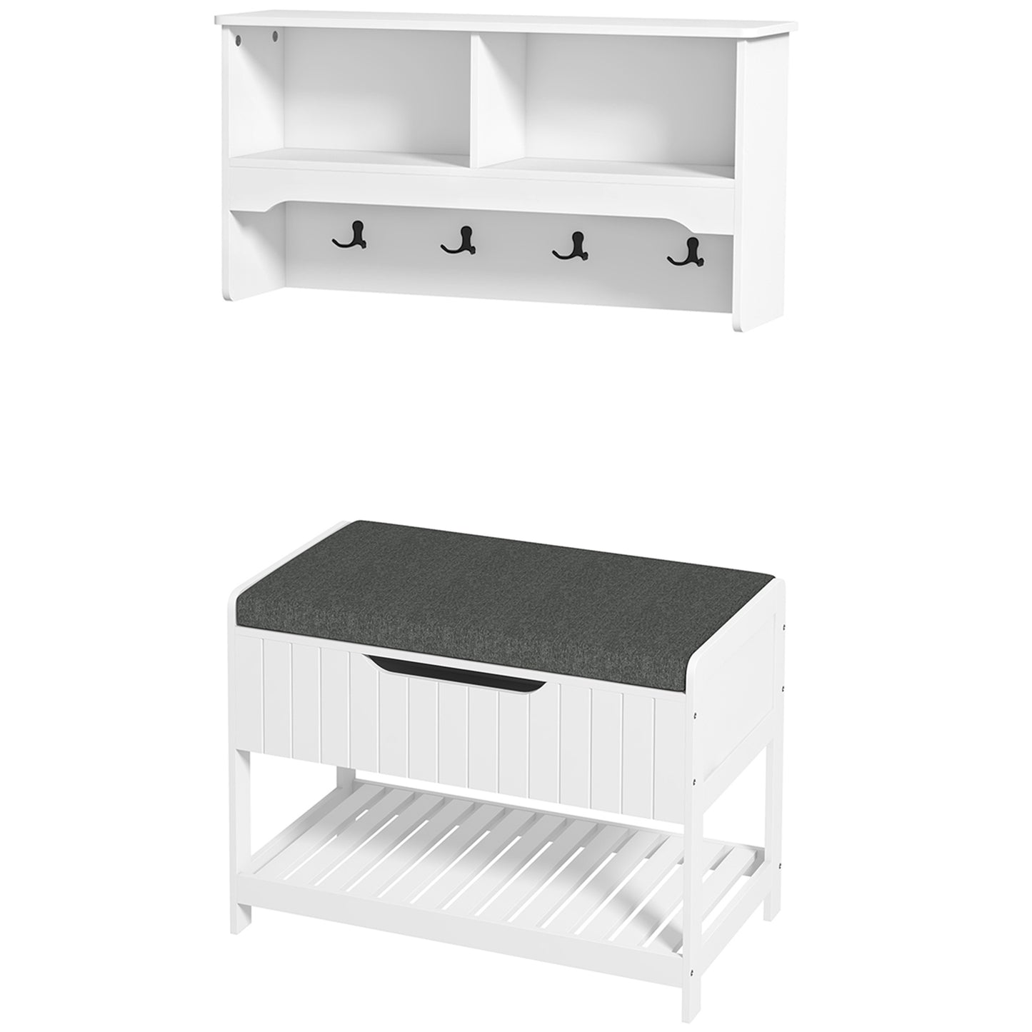 HOMCOM Wall Mounted Coat Rack with Shoe Storage Bench, Hall Tree and Bench, Clothes Hanger Rack with Shelves for Hallway White