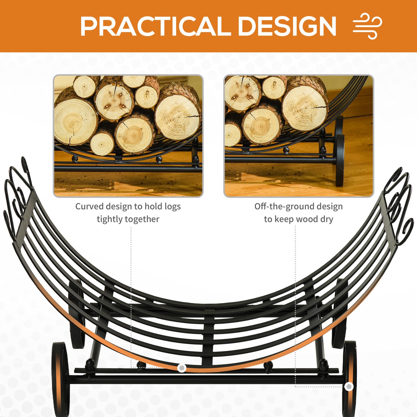 Outsunny 23" Firewood Log Rack Curved Fireplace Log Holder Stylish Wood Storage Carrier with Scrolls, for Outdoor and Indoor Use, Black
