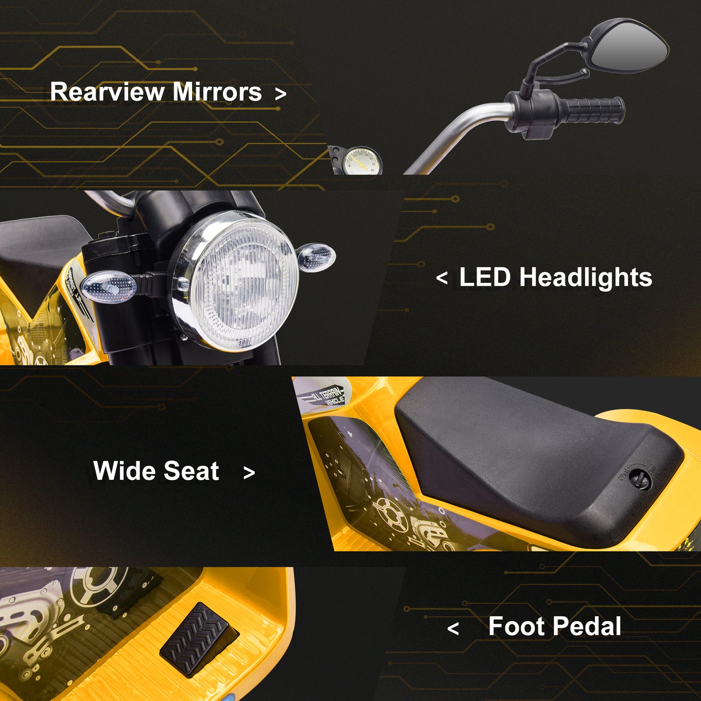 Aosom Kids Electric Motorcycle 6V Battery Powered Ride-On Dirt Bike 3-Wheels Motorbike Yellow