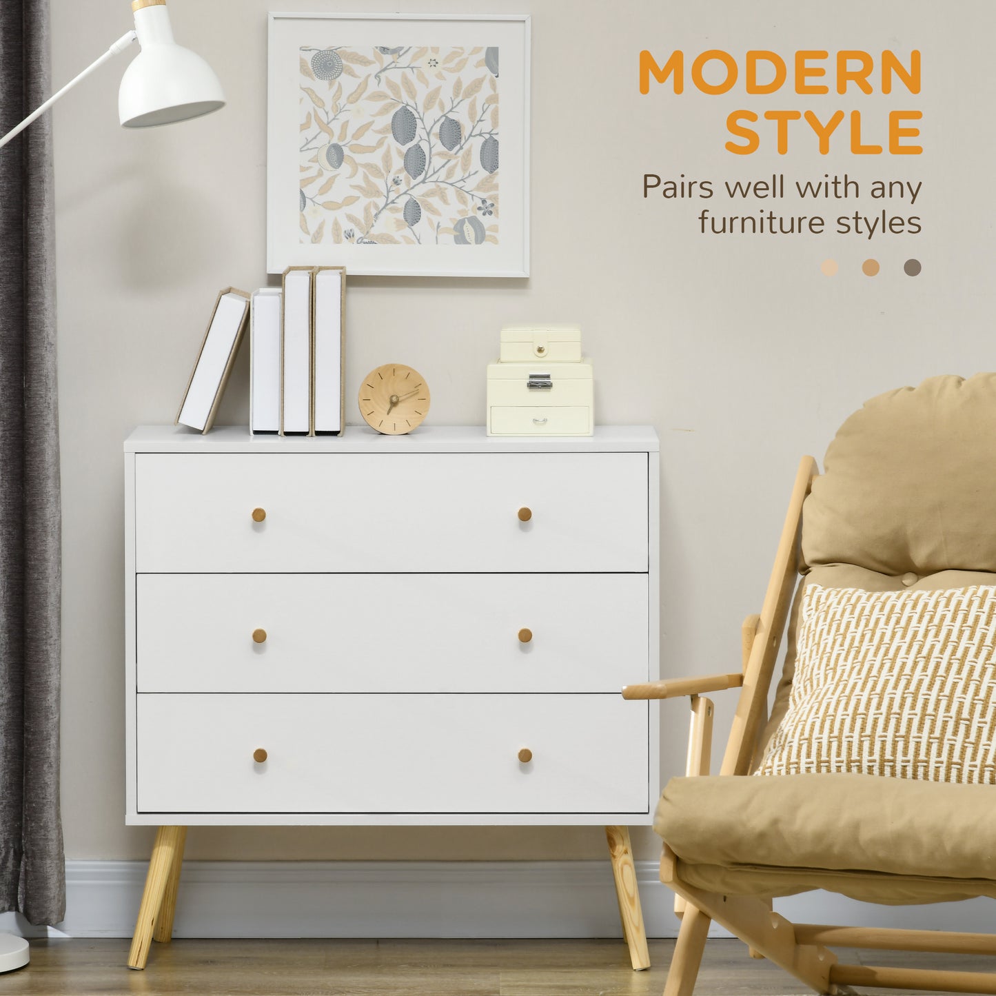 HOMCOM White Dresser for Bedroom with 3 Drawers, Morden Chest of Drawers with Solid Wood Legs and Handles, Storage Organizer for Living Room, White