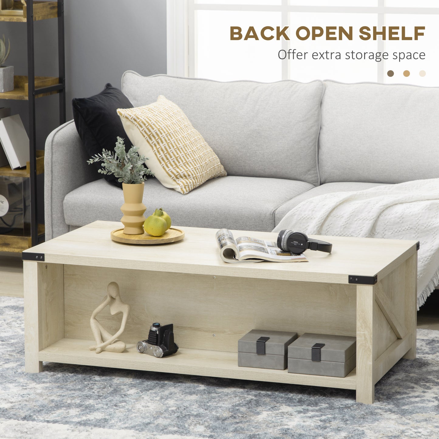 HOMCOM Industrial Coffee Table Side End Table with Drawer, Open Storage Shelf, Modern Farmhouse Furniture, for Living Room, Dining Room, Office, White Oak