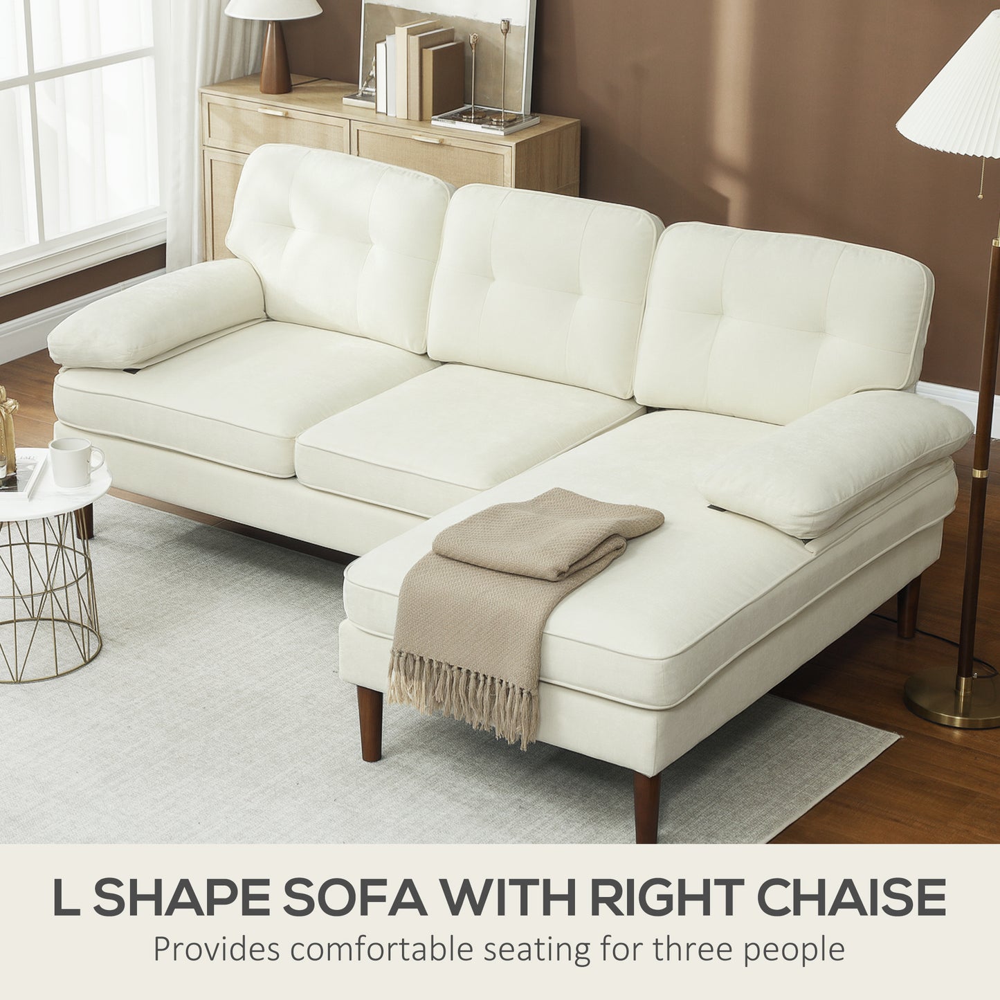 HOMCOM Modern Corner Couch with Right Chaise Lounge, Tufted 3-Seater Sofa with Wooden Legs for Living Room, Cream White