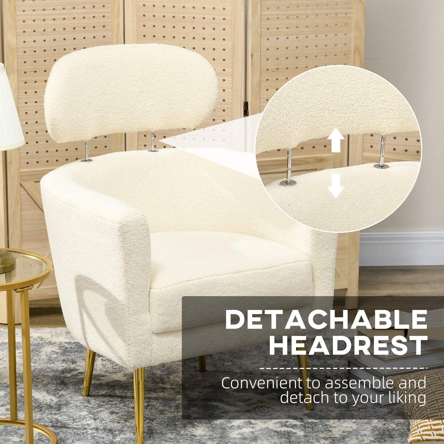HOMCOM Barrel Accent Chair with Detachable Headrest, Modern Armchair for Living Room, Home Office, Cream White