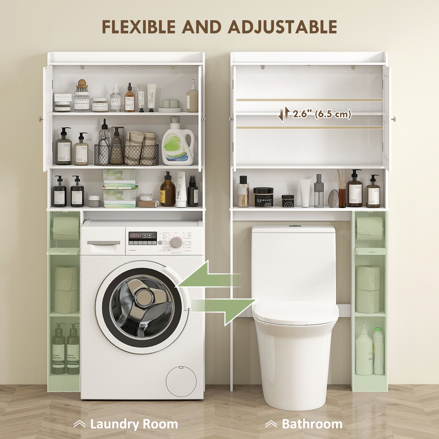 HOMCOM Over the Toilet Storage Cabinet, Bathroom Organizer with Adjustable Shelf, Toilet Paper Holder for Bathroom, Laundry
