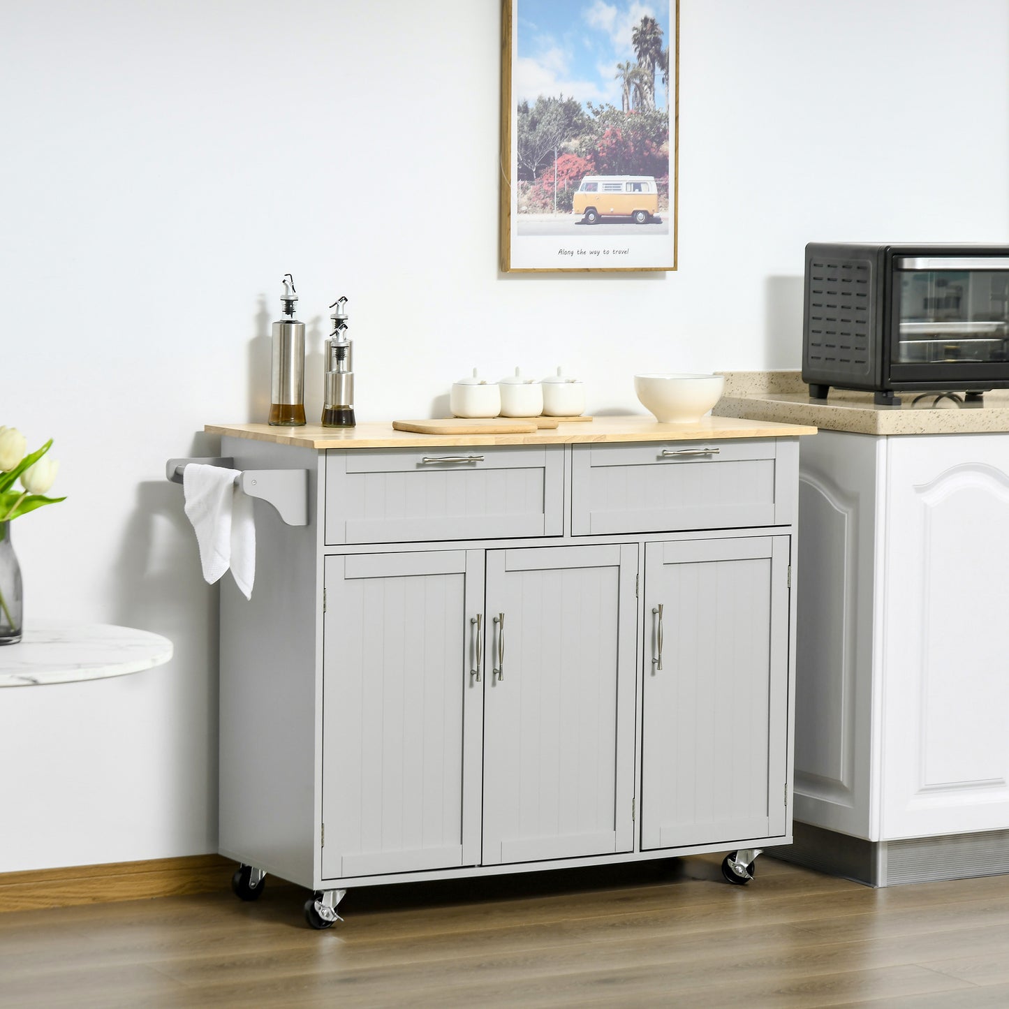 HOMCOM Modern Kitchen Island, Utility Kitchen Serving Cart with 2 Storage Drawers & Cabinets for Dining Room, Black