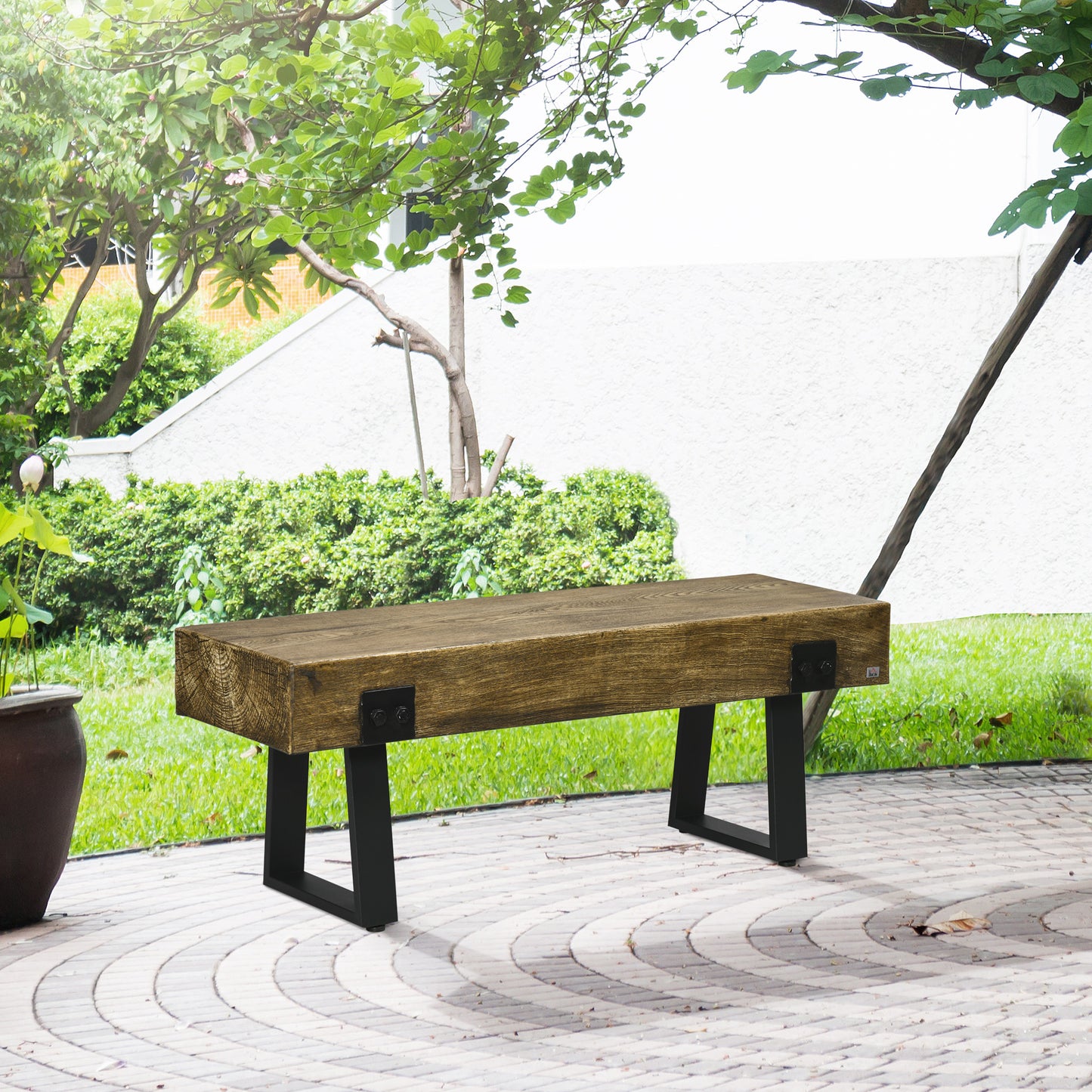 HOMCOM Outdoor Bench, Garden Bench with Metal Legs, Rustic Wood Effect Concrete, Indoor or Outdoor Use for Patio, Park, Porch and Lawn, Natural and Black