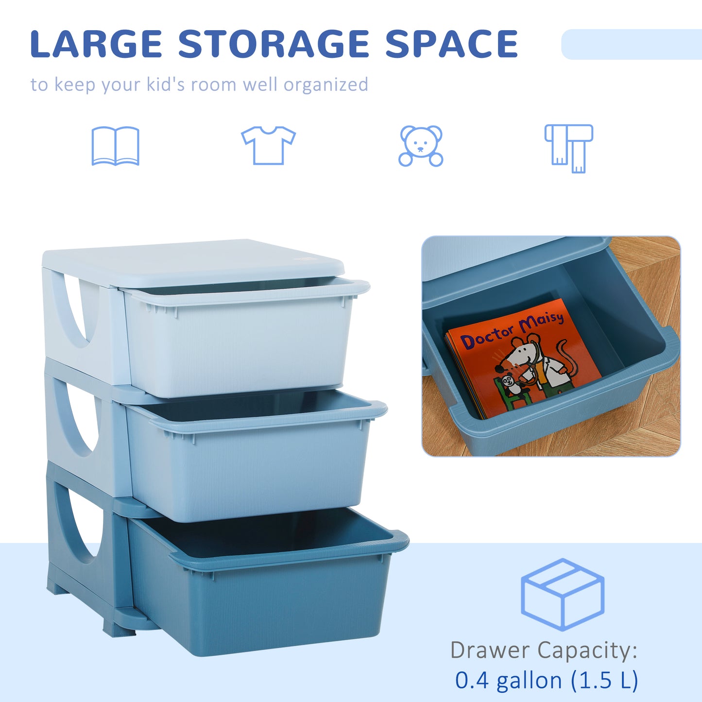 Qaba 3 Tier Kids Toy Organizer and Storage Bins with 3 Plastic Drawers, Blue