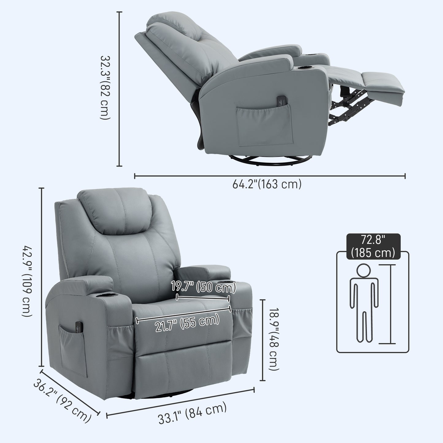 HOMCOM Massage Recliner Chair, Swivel Nursery Rocker Chair, Manual Reclining Sofa with 8 Vibration Points, PU Leather, Cup Holders, Side Pockets, for Living Room, Black
