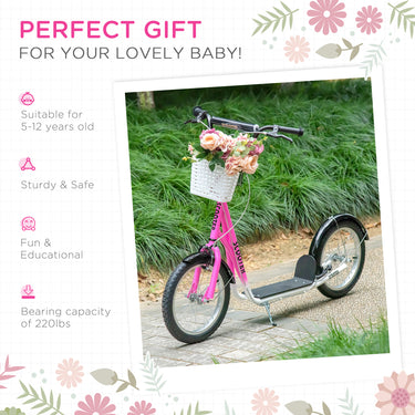 Aosom Kick Scooter with Adjustable Handlebar, Kids Scooter with 2 Brakes Basket Cupholder 16" Inflatable Rubber Tyres Pink