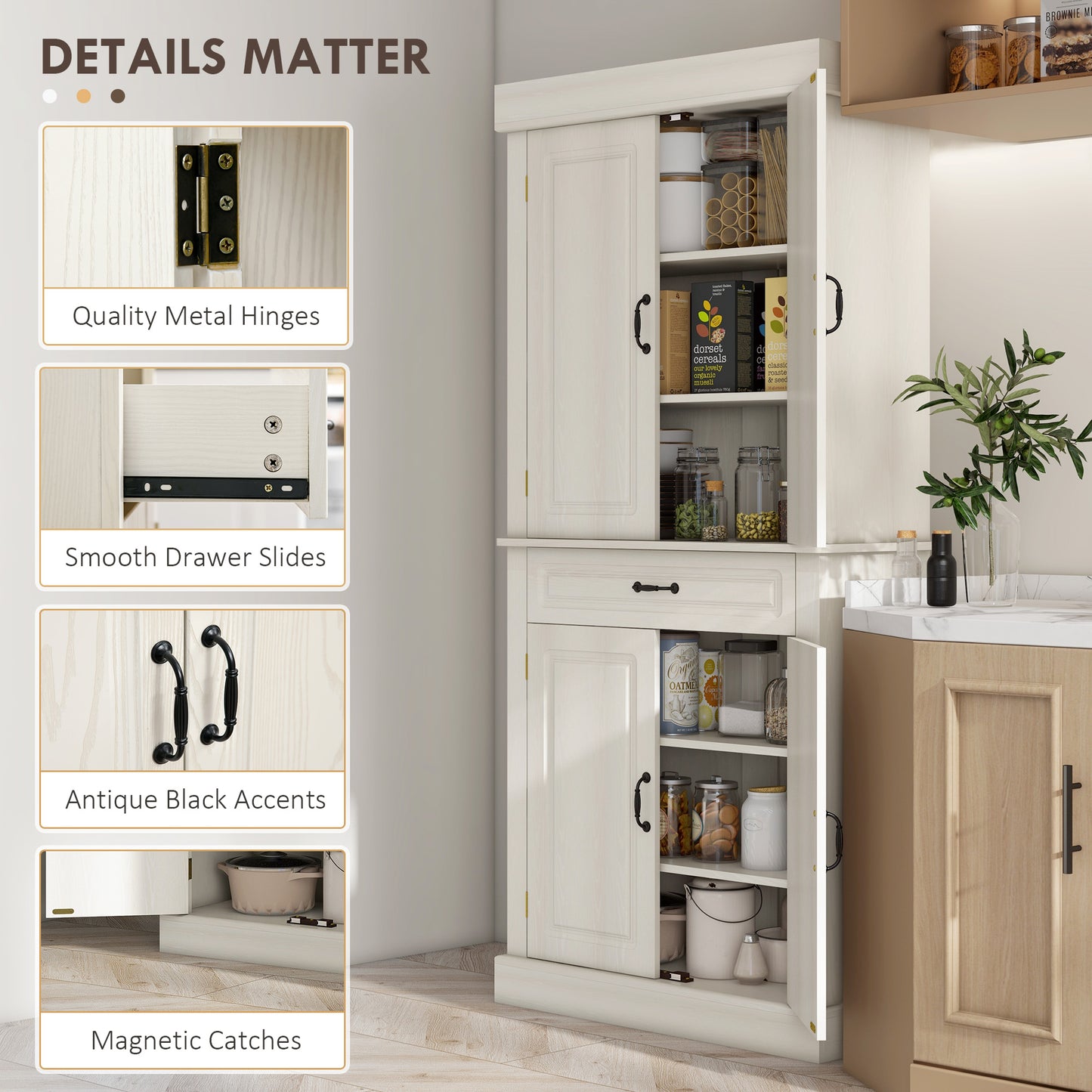 HOMCOM 71" Freestanding Kitchen Pantry with 4 Doors and 2 Cabinets, Tall Storage Cabinet for Kitchen, Distressed Coffee