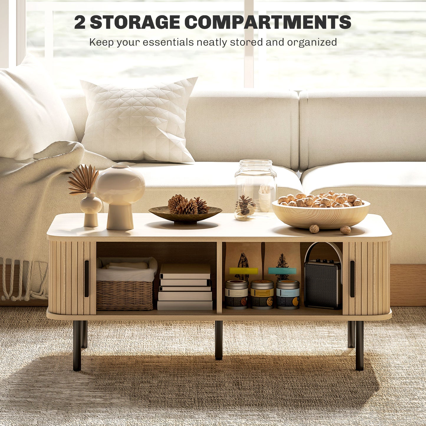 HOMCOM Coffee Table with Storage, Nordic Side Table with Slatted Tambour Sliding Doors and Steel Legs for Living Room, Oak