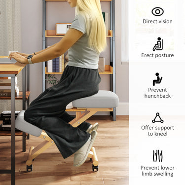 HOMCOM Ergonomic Kneeling Chair, Posture Chair with Rubberwood Frame, Wheels for Home Office, Posture Correction, Cream White