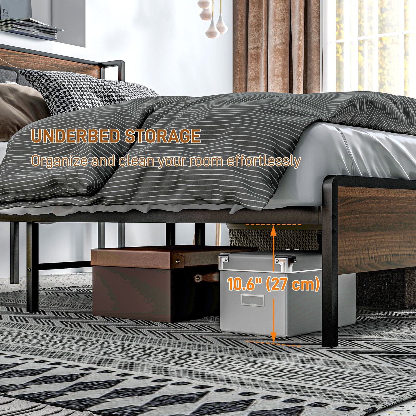 HOMCOM Queen Size Bed Frame with Charging Station, Queen Bed Frame with Upholstered Headboard and Storage Shelf, Walnut