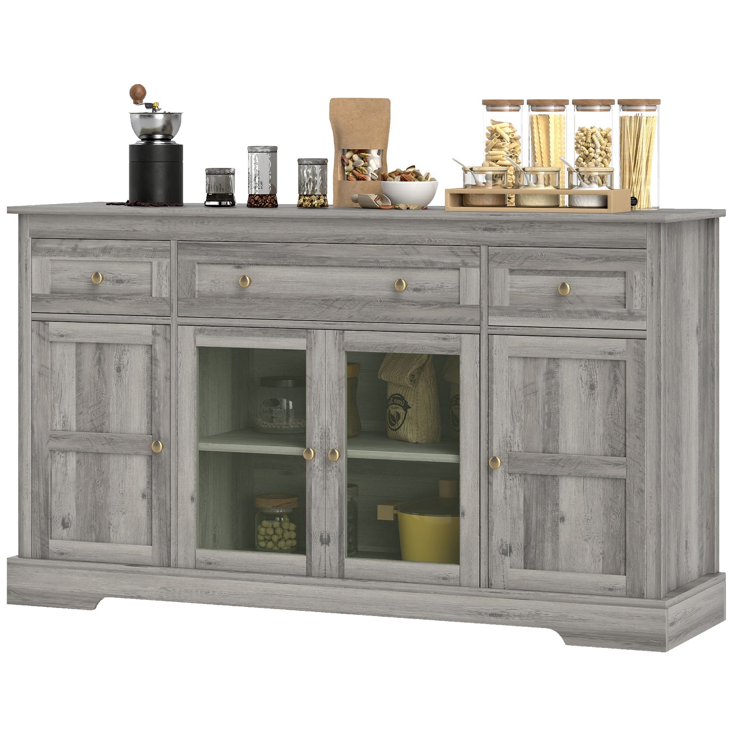 HOMCOM Sideboard Buffet Cabinet with Storage, Coffee Bar Cabinet with Glass Doors and Adjustable Shelves, Distressed White