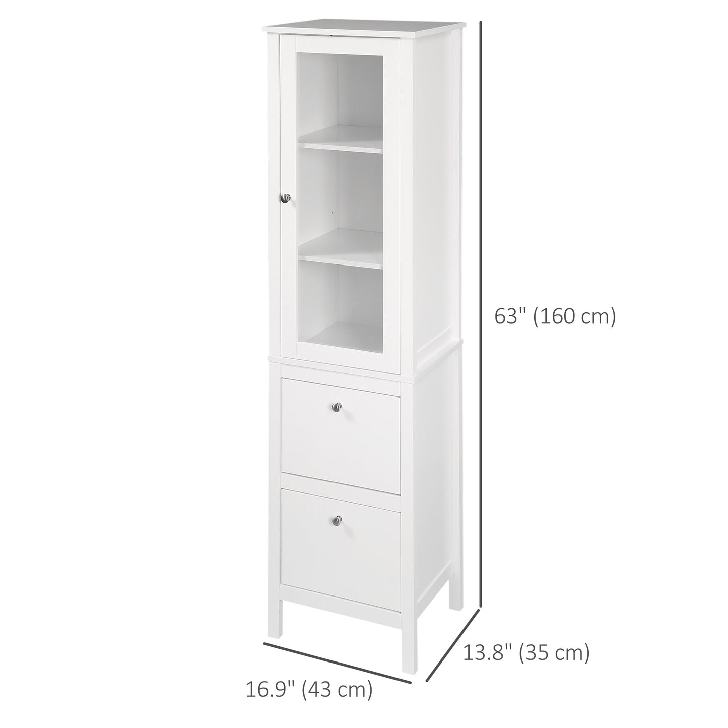 kleankin Tall Bathroom Cabinet with Tempered Glass Door, Storage Organizer, Freestanding Linen Tower with 2 Adjustable Shelves and 2 Drawers, White