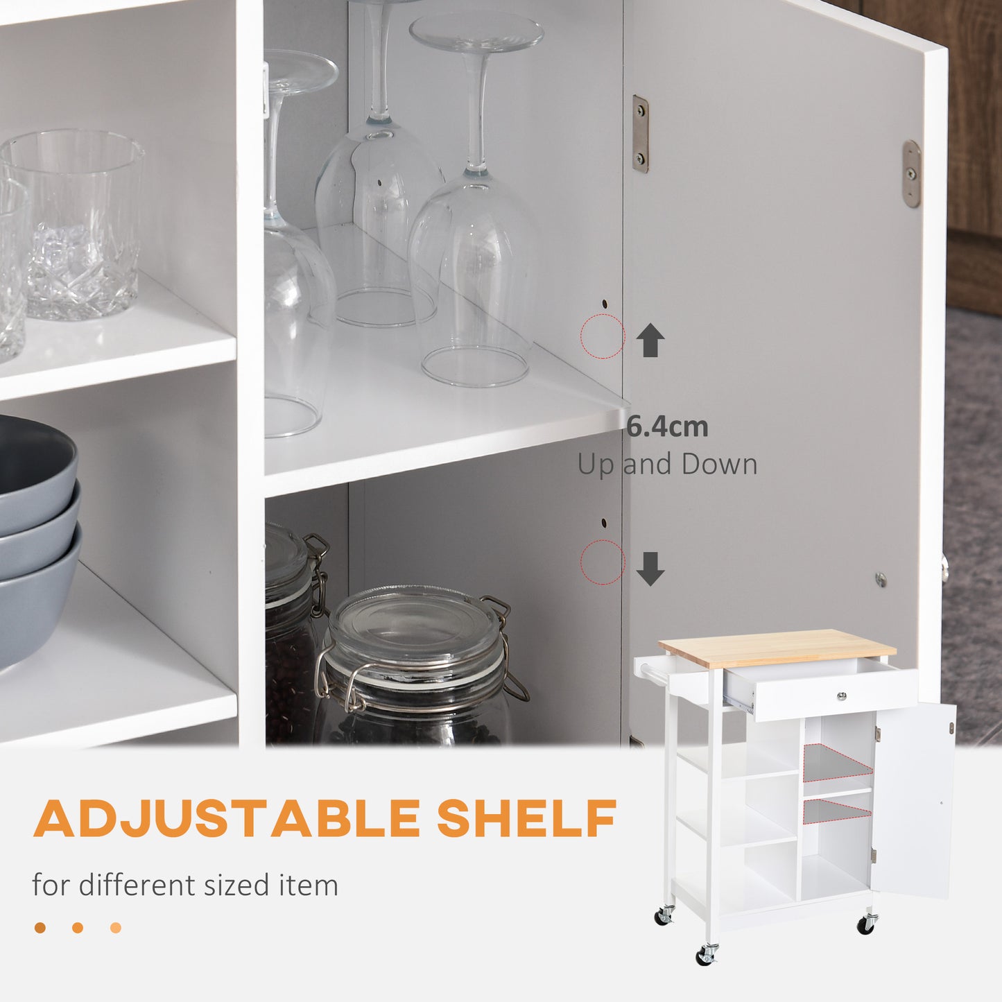 HOMCOM Modern Rolling Kitchen Island Cart with Drawer, Natural Wood Top, Towel Rack, Door Storage Cabinet, White
