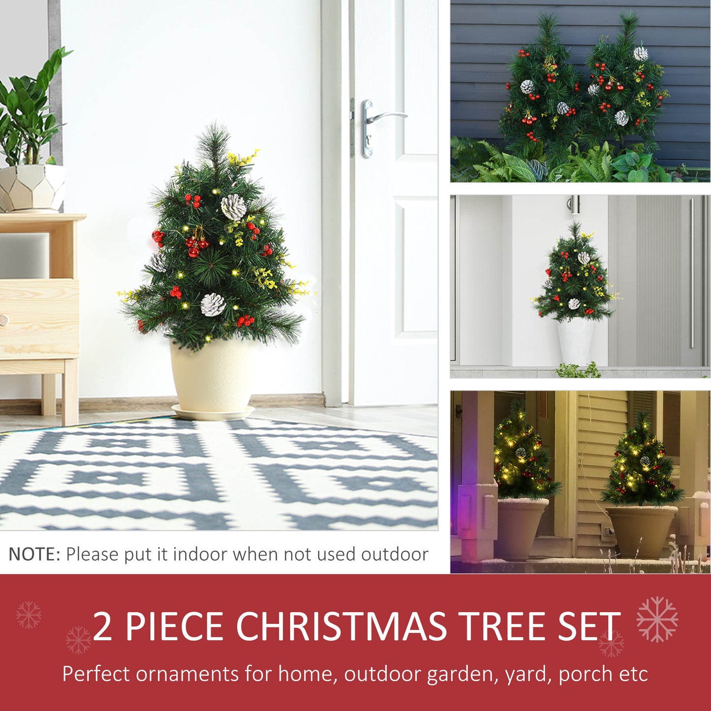 HOMCOM 2.5ft 2 Pieces Prelit Artificial Christmas Tree with LED Light Mini Xmas Tree with Small Berry Pine Needles Pinecones Decorations for Garden