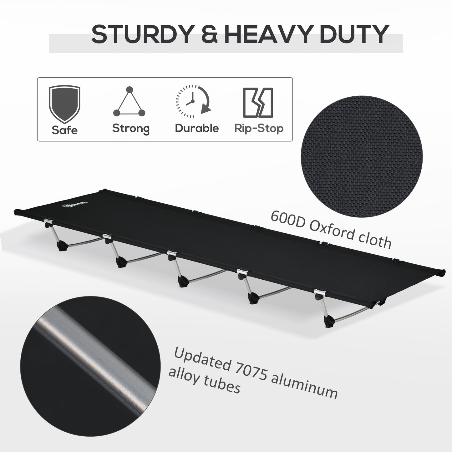 Outsunny Lightweight Camping Cot, Aluminium Portable Folding Bed w/ Strong Support 331 lbs and Carry Bag for Camping, Black