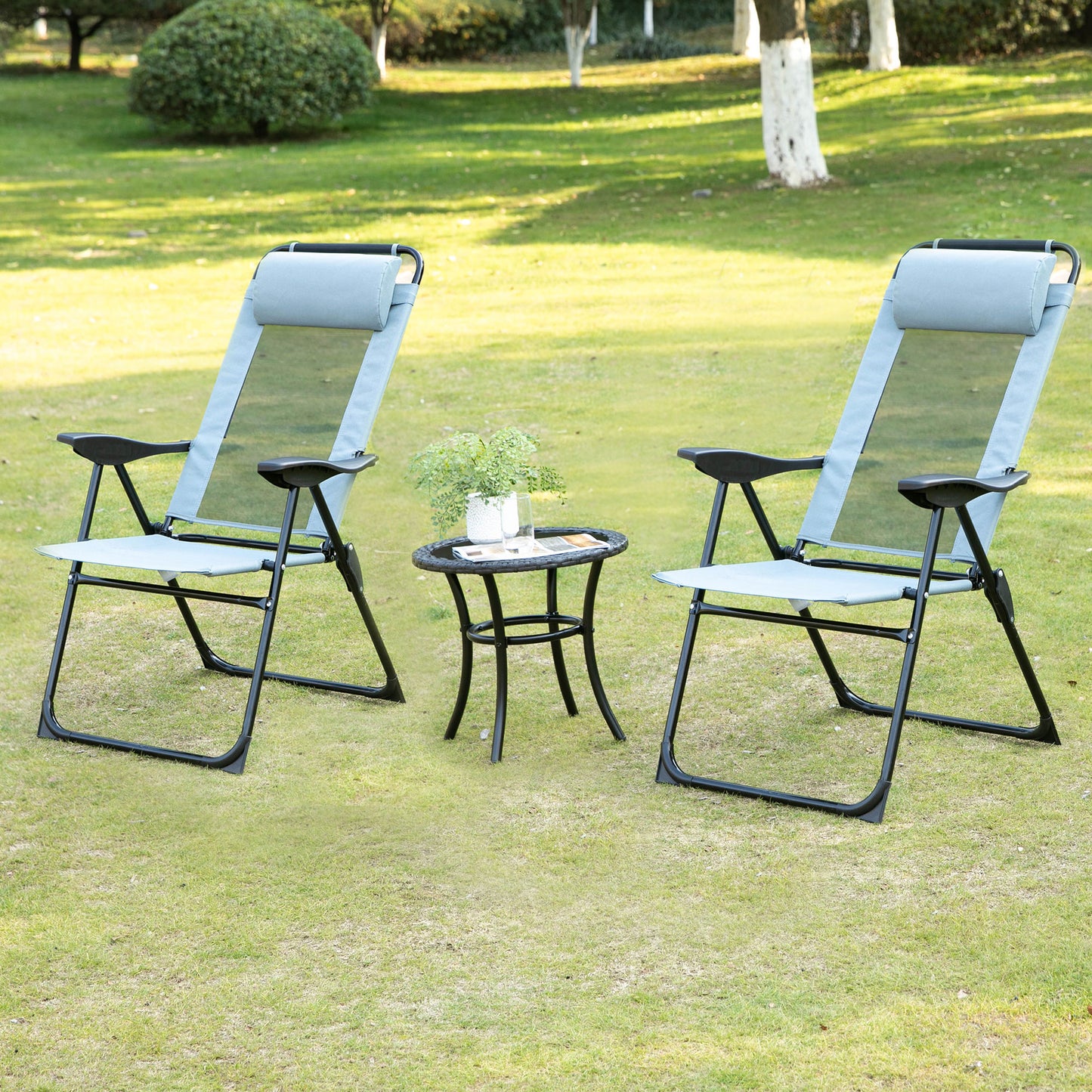 Outsunny Set of 4 Camping Chairs, Outdoor Folding Lounge Chair Set with 5 Level Adjustable Backrest, Removable Headrest, Armrest for Camping, Backyard, Black