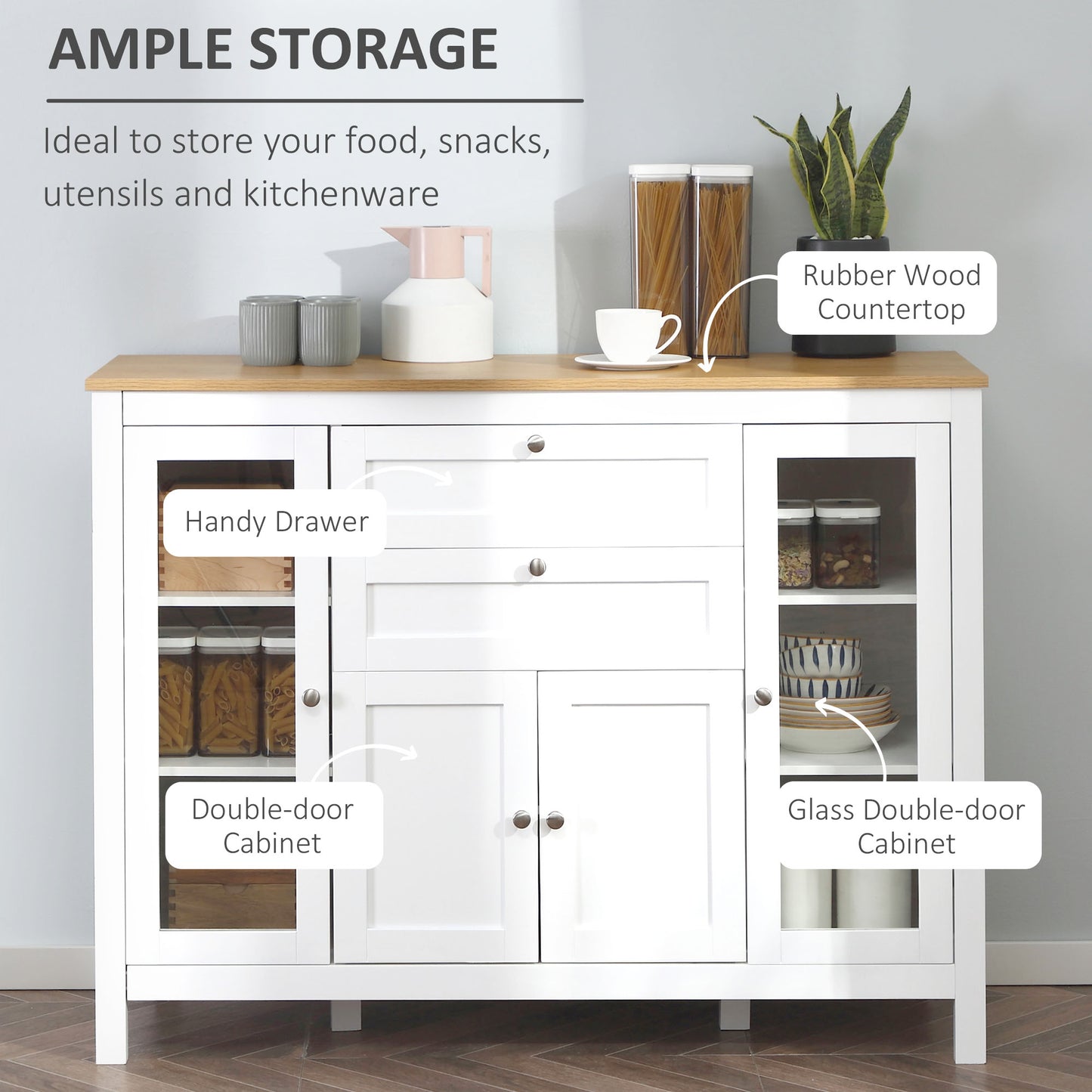 HOMCOM Buffet Cabinet Sideboard with 2 Drawers, 3 Storage Cabinets, Glass Doors and Adjustable Shelves, White