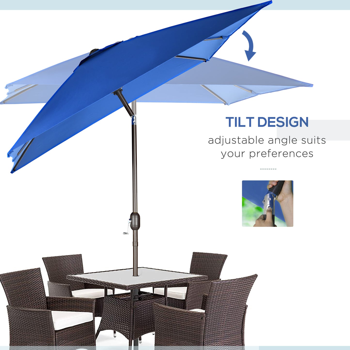 Outsunny 6.5x10ft Patio Umbrella, Rectangle Market Umbrella with Aluminum Frame and Crank Handle, Garden Parasol Outdoor Sunshade Canopy, Blue
