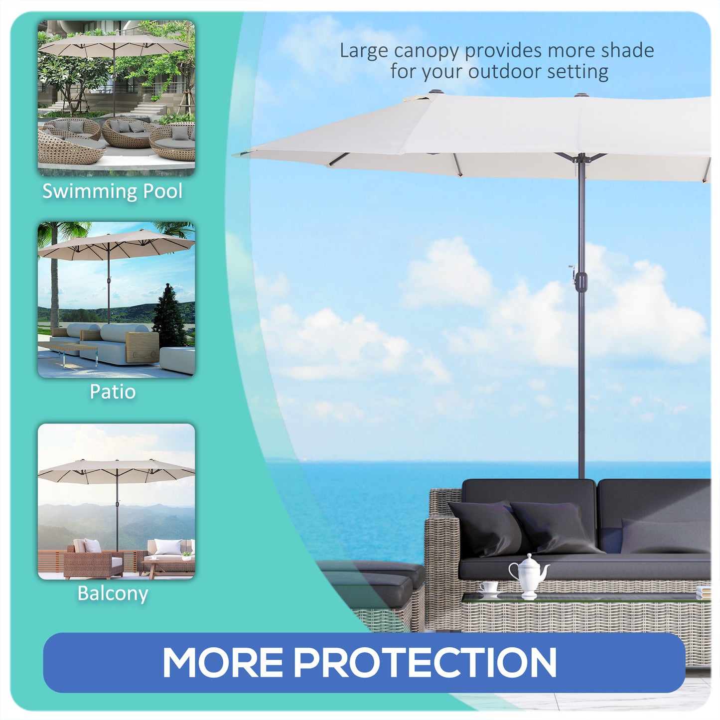 Outsunny 15' Double-Sided Patio Umbrella Parasol Sun Shelter Canopy Shade Grey
