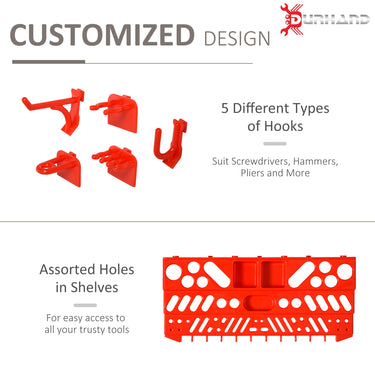 DURHAND 54 Piece Plastic Pegboard Panels, Peg Board with Accessories, Shelf Tool Organizer, Wall Mounted DIY Garage Storage with 50 Hooks, Red