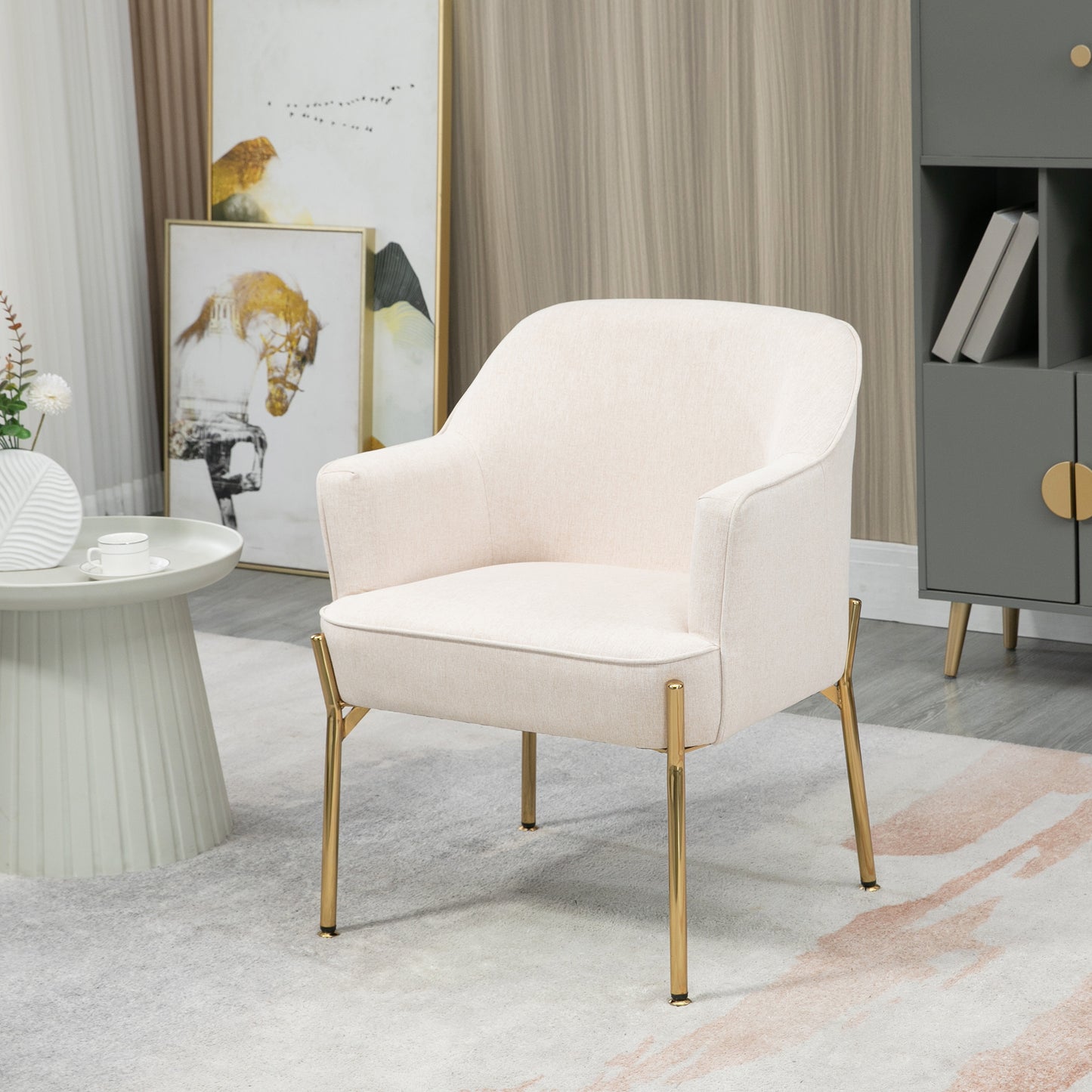 HOMCOM Fabric Armchair, Modern Accent Chair with Metal Legs for Living Room, Bedroom, Home Office, Cream White