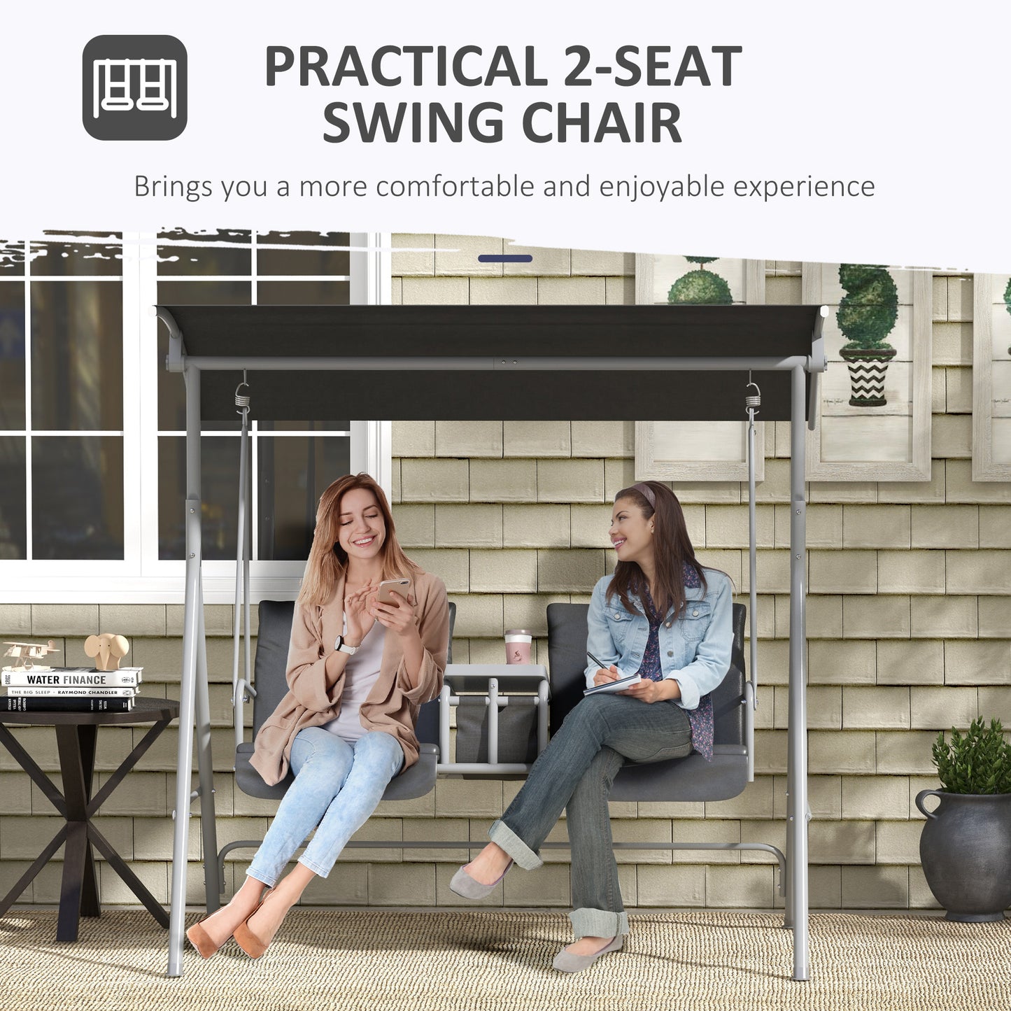 Outsunny 2-Seater Outdoor Porch Swing with Adjustable Canopy and Table, Patio Swing Chair for Garden, Poolside, Backyard, Grey