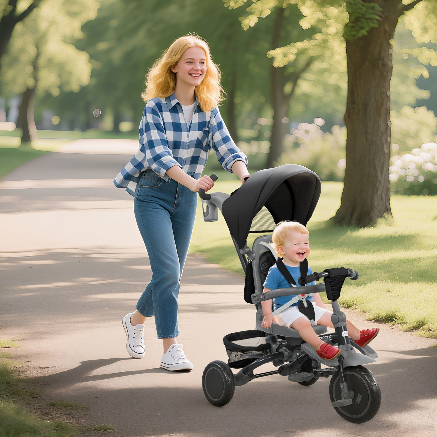 Qaba 6 in 1 Toddler Tricycle for 1-5 Years Old with Push Handle, Removable Canopy, Rotatable Seat, Pink