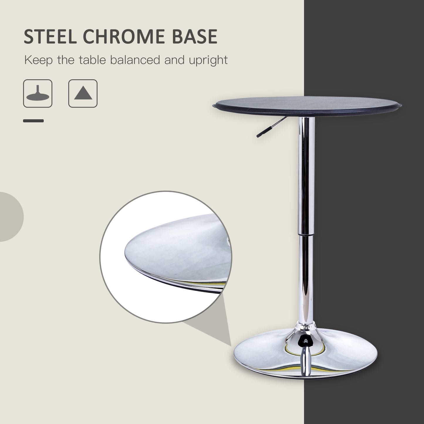 HOMCOM Modern Round Bar Table Adjustment Height Home Pub Bistro Desk Faux Leather Covered Wooden Top Chrome Base Black