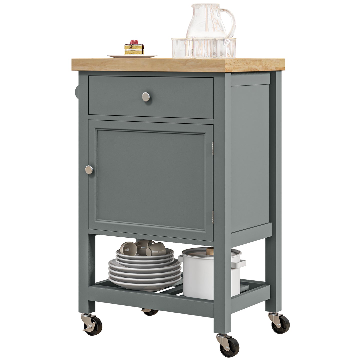HOMCOM Kitchen Cart on Wheels, Rolling Kitchen Island Cart with Wood Top, Towel Rack, Drawer and Shelf for Dining Area, Grey