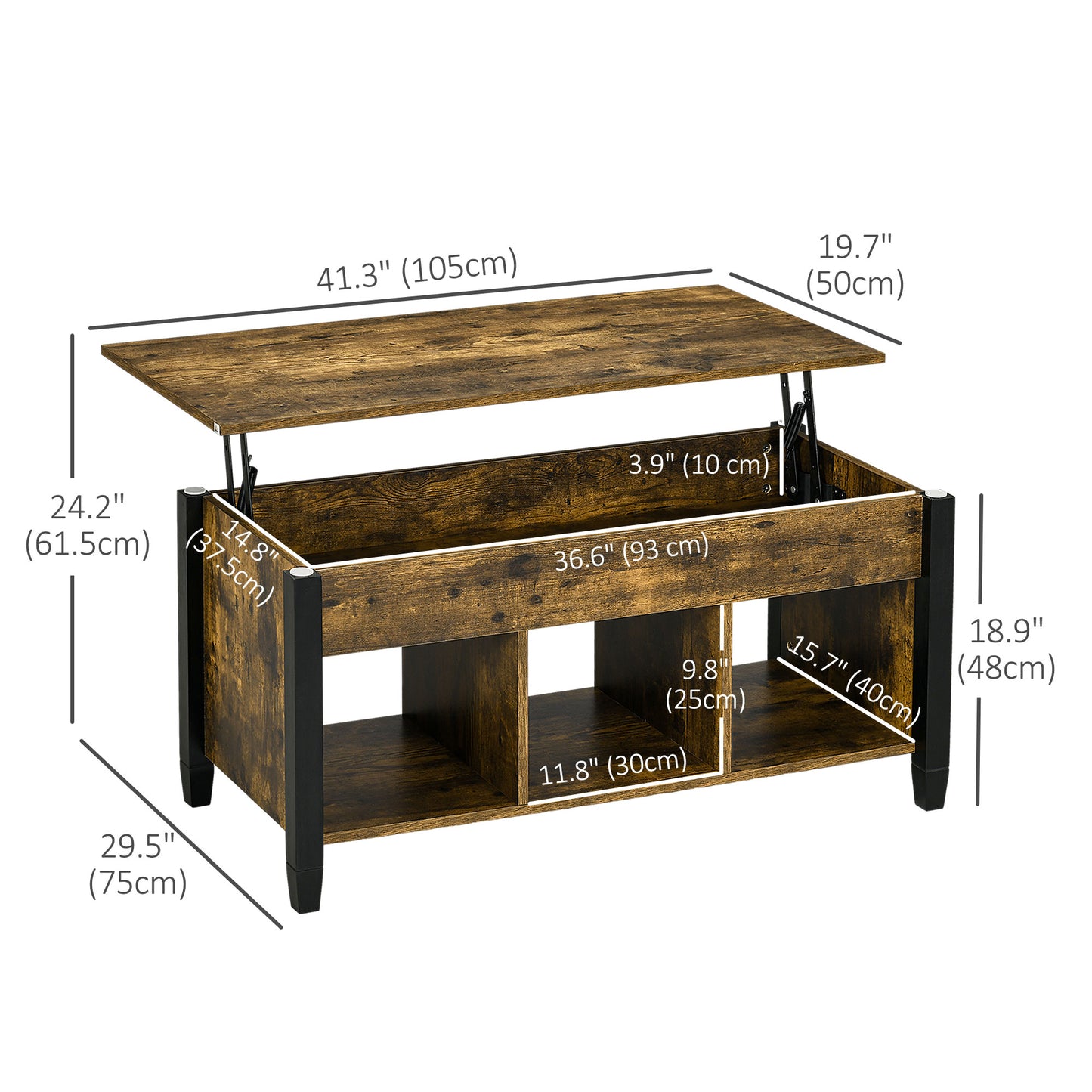HOMCOM Lift Top Coffee Table with Hidden Storage Compartment and 3 Lower Shelves, Pop-Up Center Table for Living Room, Espresso