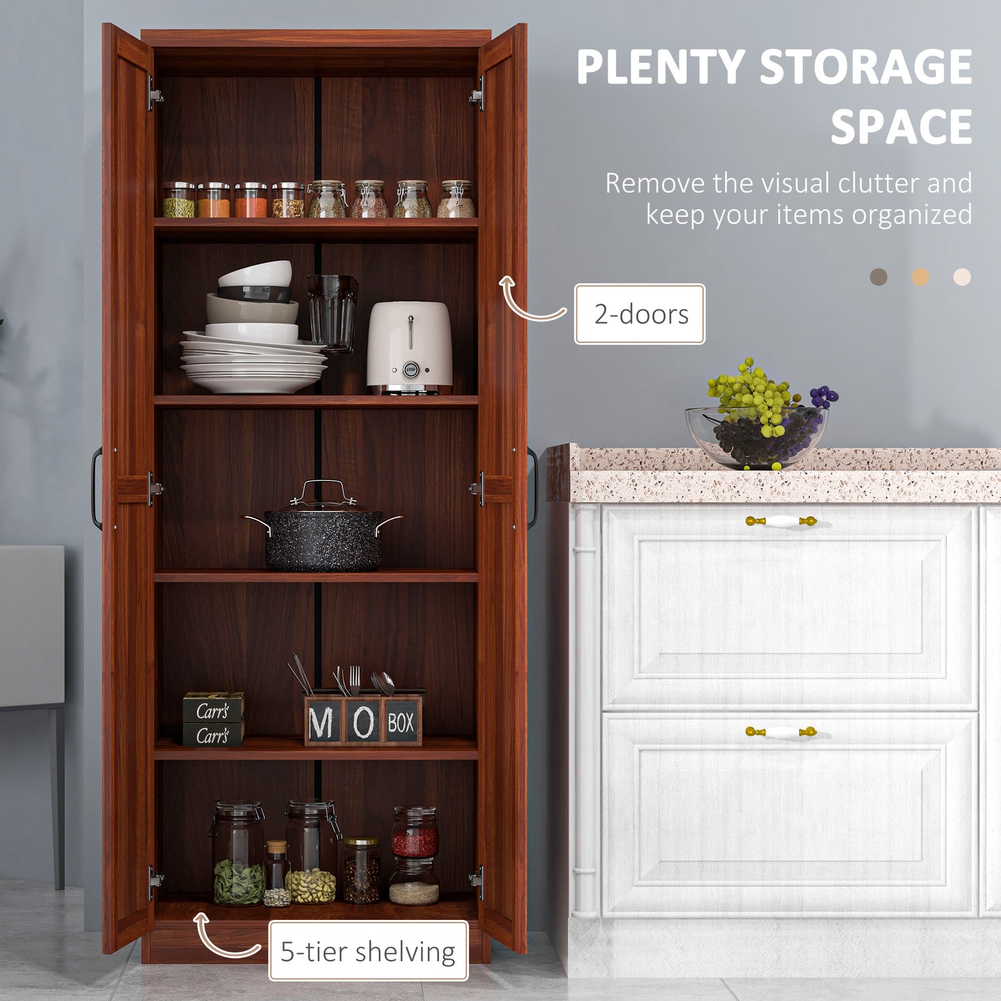 HOMCOM 63" Kitchen Storage Cabinet, 5-tier Pantry Cabinet with Doors and Adjustable Shelves for Dining Room, Distressed White