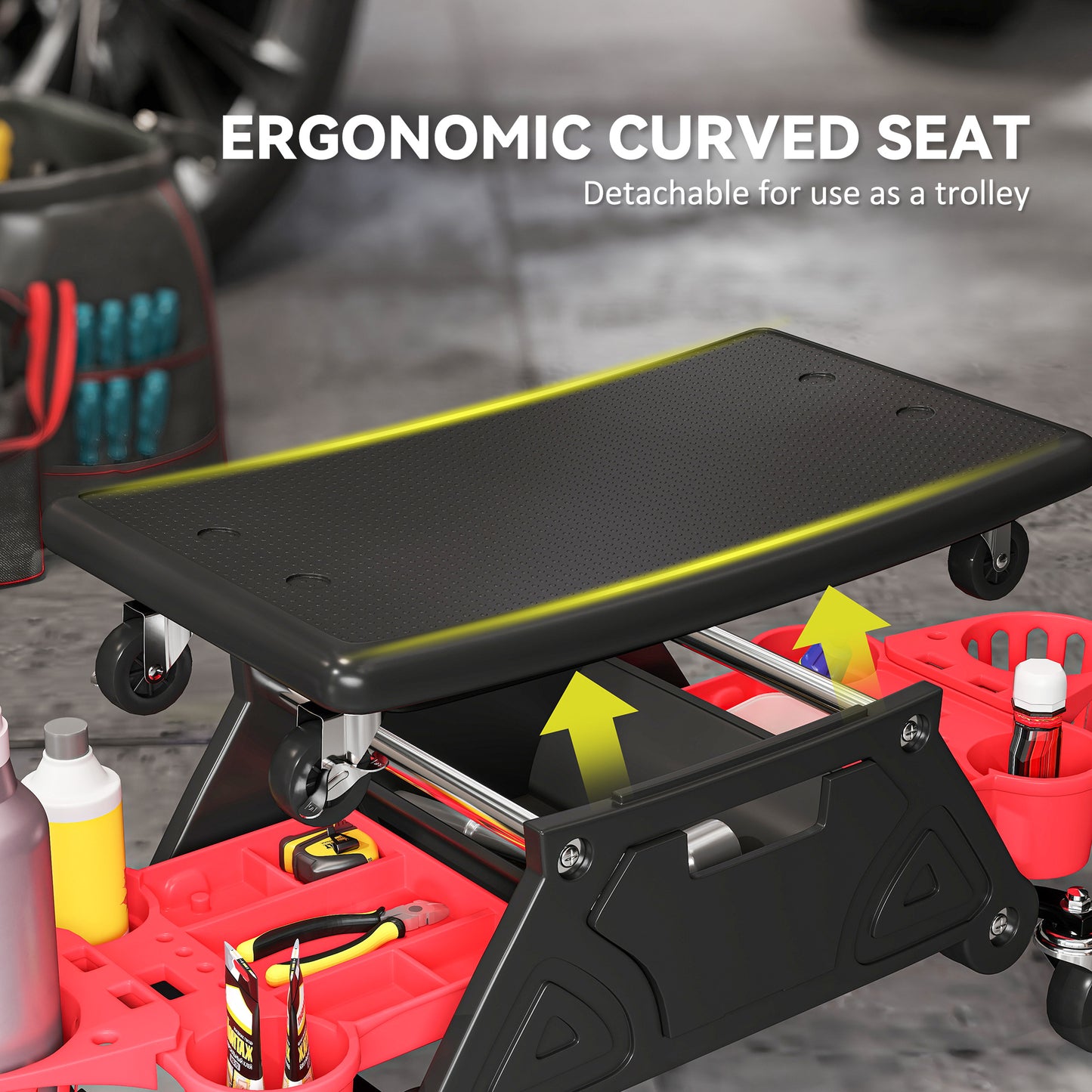 HOMCOM Rolling Garage Stool, 300 LBS Capacity Padded Mechanic Stool with 2.5" Wheels, Adjustable Height 15" -19.7", Red