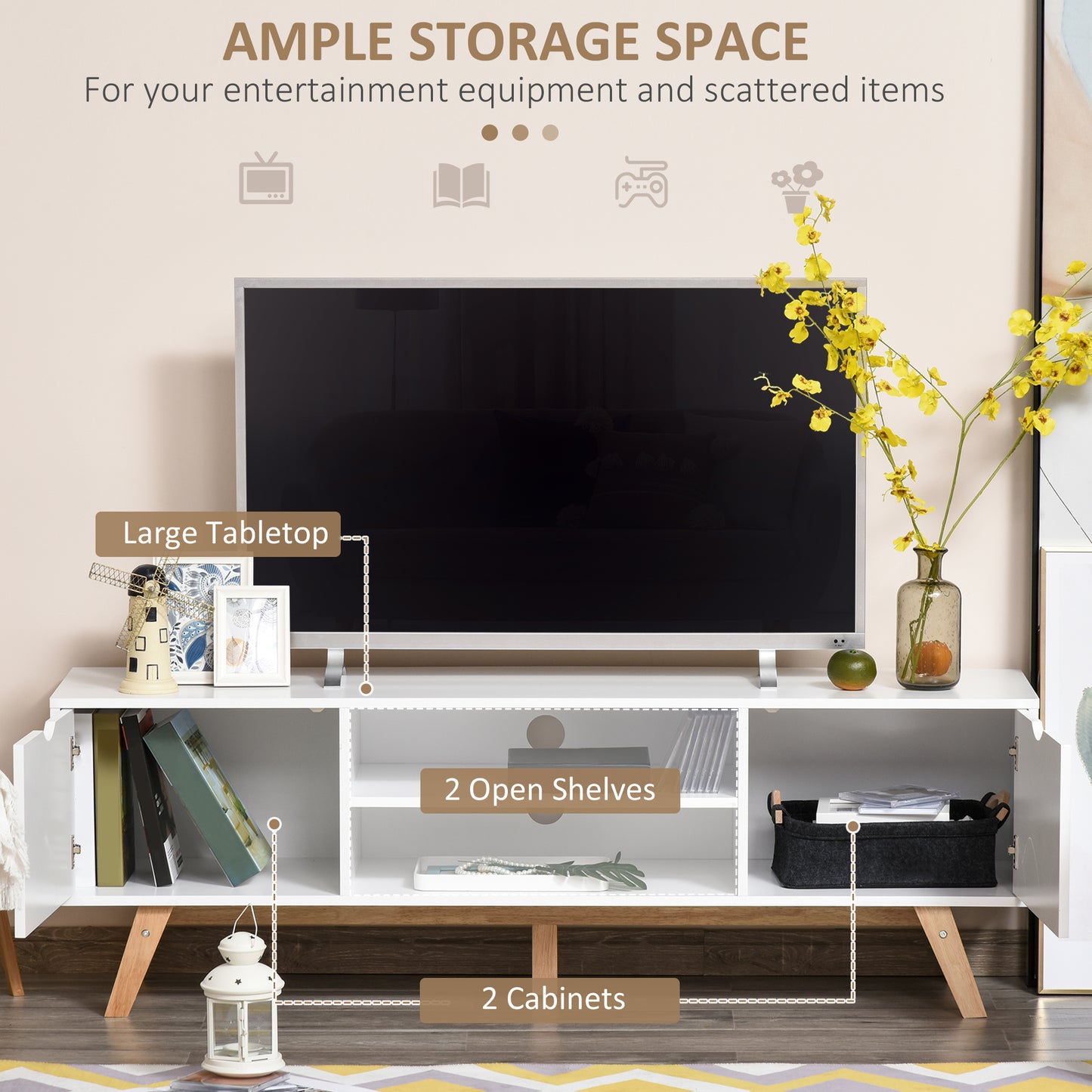 HOMCOM Modern Wooden TV Stand with 2 Storage Cabinet Stand for TV's up to 65" for Living Room Office, Storage Entertainment Center, White