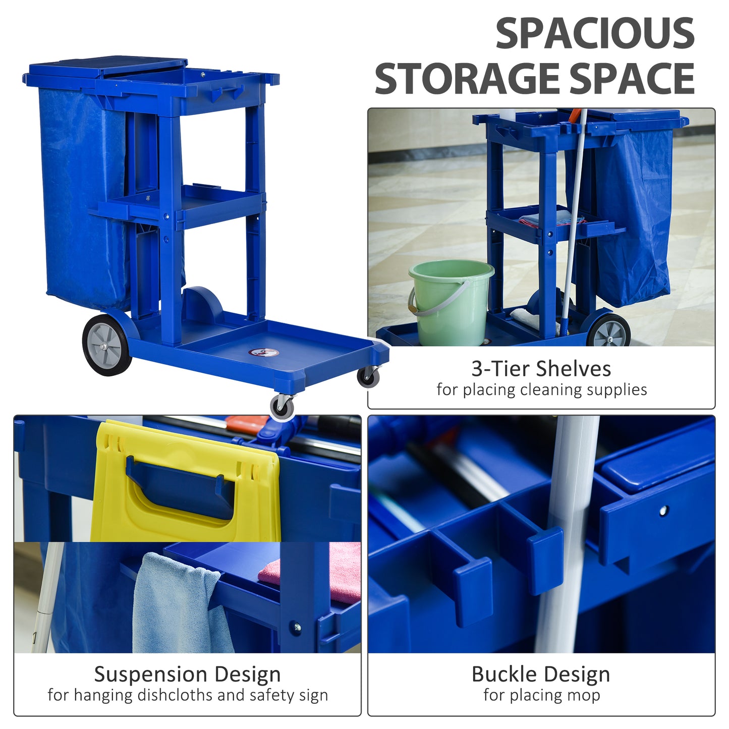 HOMCOM Commercial Janitorial Cart with 3 Tier Shelves Professional Cleaning Trolley with Rubbish Bag and Mop Mount for Hotel, Restaurant, Office, Blue