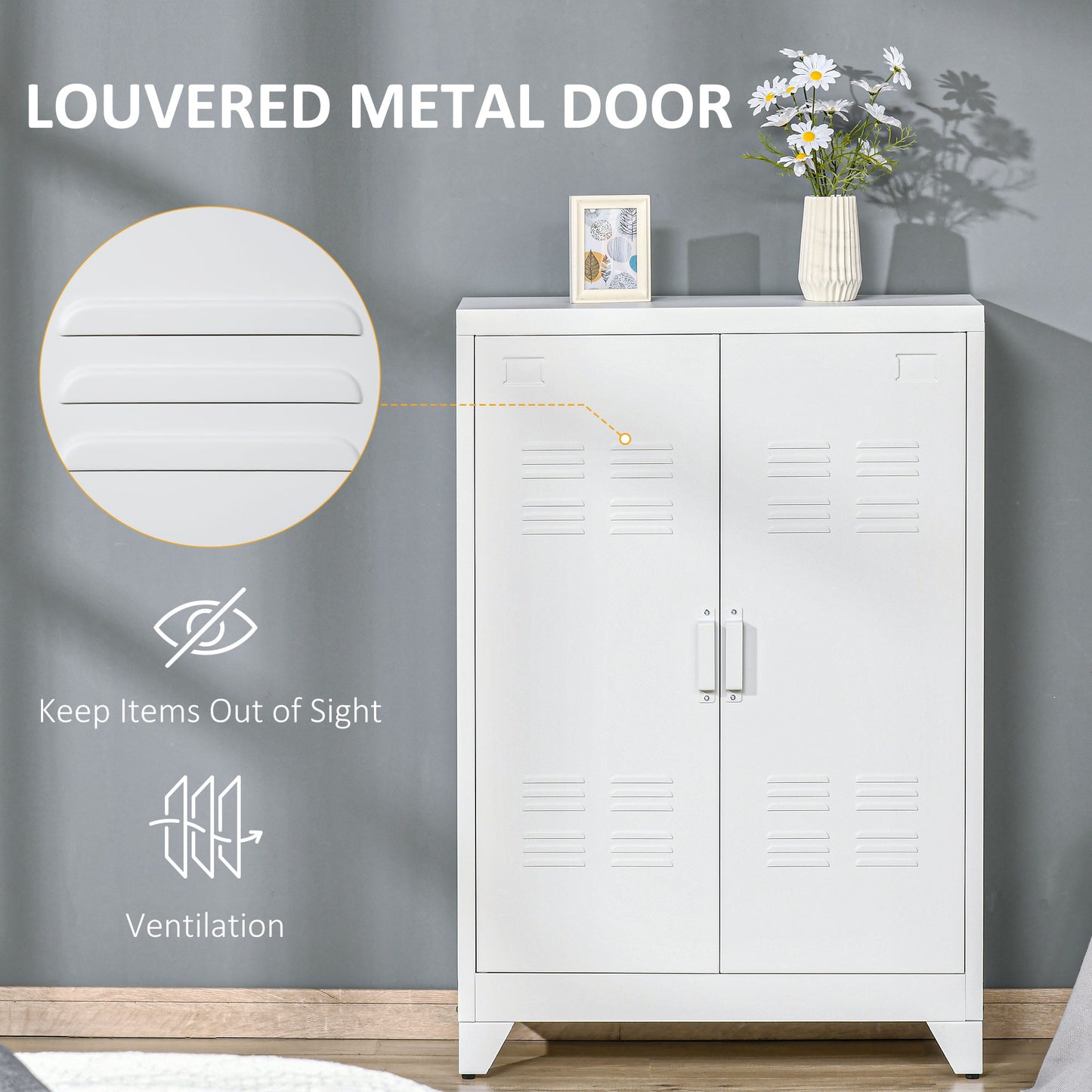 HOMCOM Metal Storage Cabinet, Industrial Sideboard Buffet Cabinet with 2 Louvered Doors, Adjustable Shelves, Grey