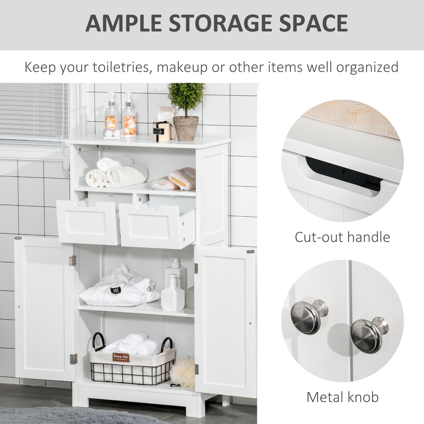 kleankin Freestanding Bathroom Cabinet with Adjustable Shelf and Drawers, Small Cabinet for Bathroom, Living Room, White