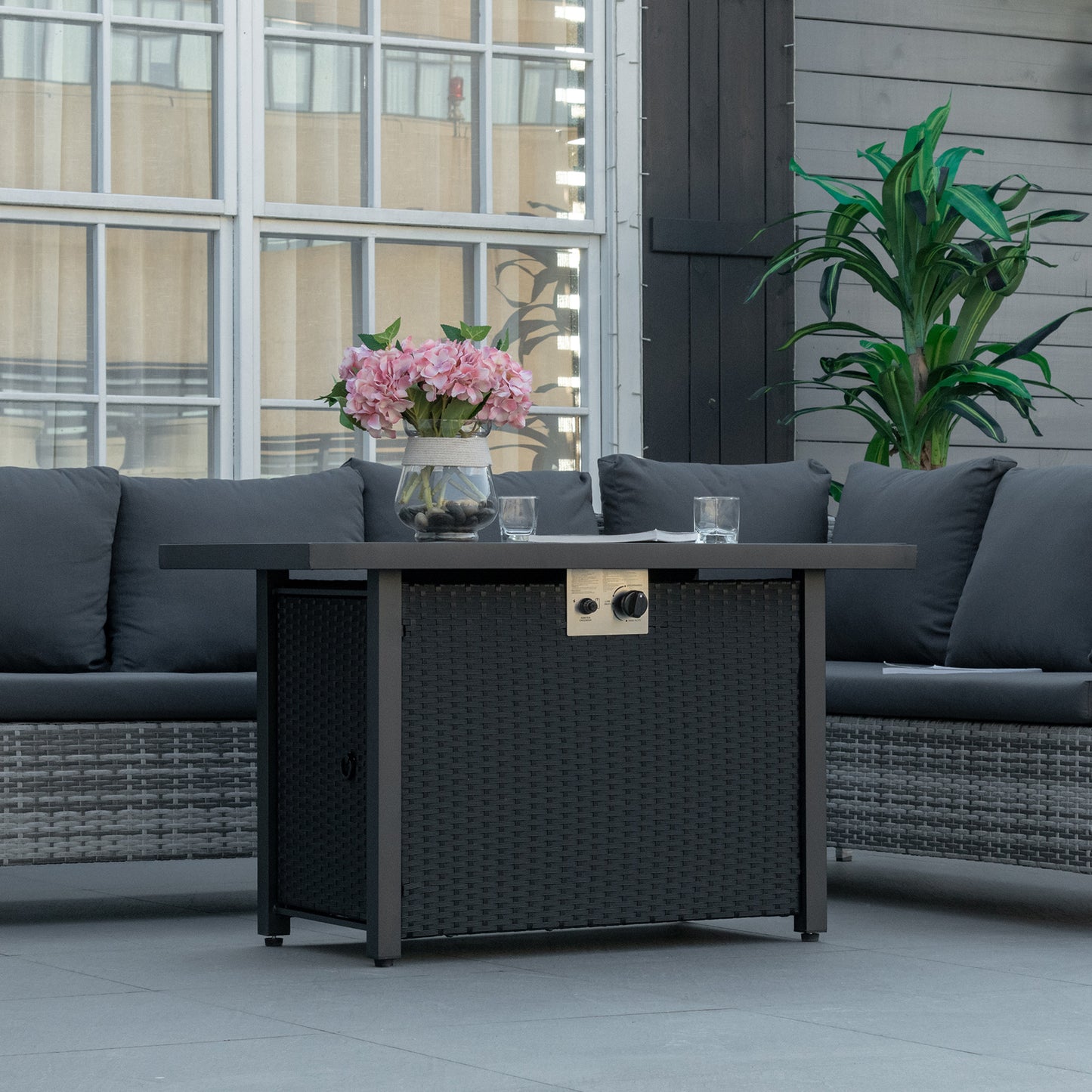 Outsunny Propane Fire Pit Table 43in Outdoor Fire Table, 50,000 BTU Pulse-Ignition Wicker Firepit Furniture with Glass Wind Guard, Blue Glass Rock, CSA Certification, Black