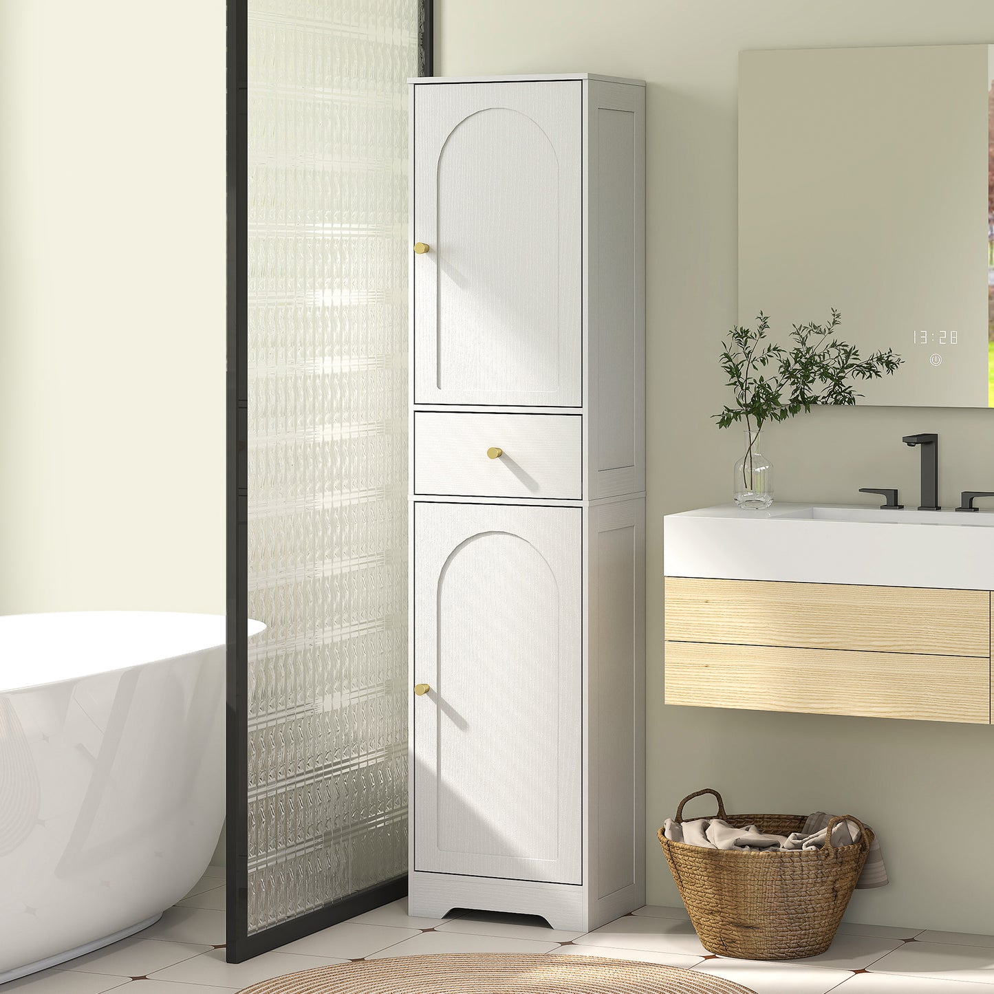 HOMCOM 67" Tall Bathroom Cabinet, Slim Bathroom Storage Cabinet with 2 Doors, Drawer and Adjustable Shelf, White Wood Grain