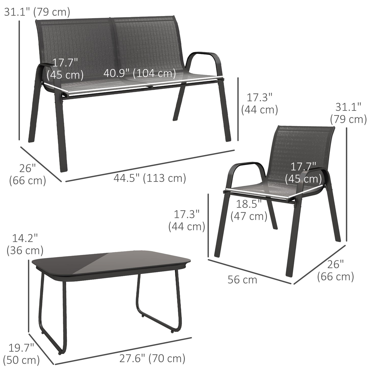 Outsunny 4 Pieces Outdoor Furniture Set with 2 Stackable Chairs, Loveseat, Patio Conversation Set with Glass Coffee Table, Black