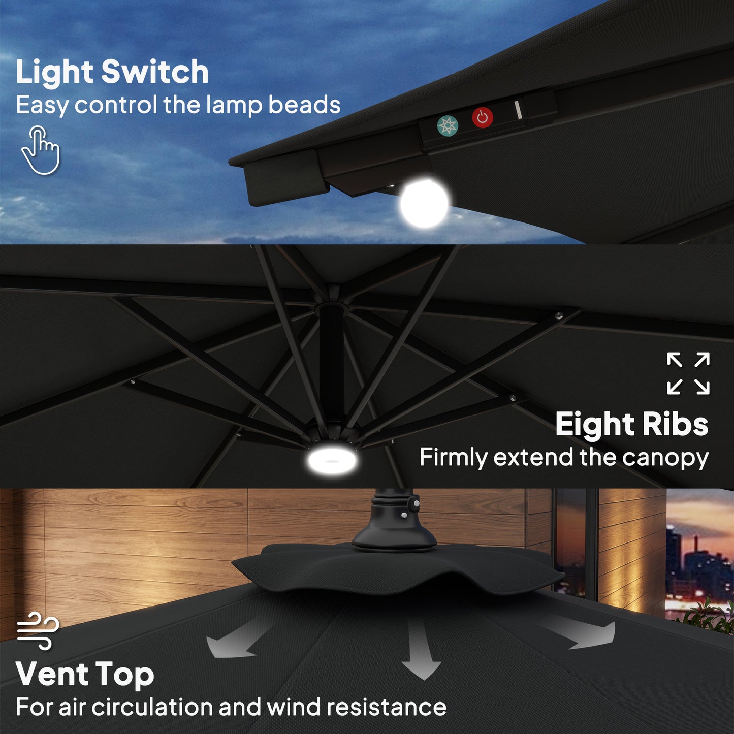 Outsunny 8.8FT Cantilever Patio Umbrella with Solar Powered LED Lights, Crank Handle, Cross Base for Outdoor Sun Shade, Grey